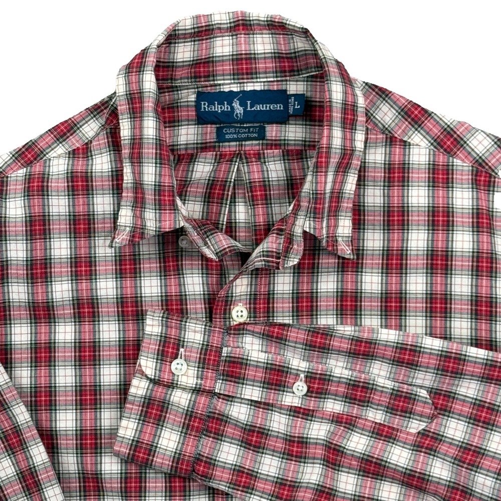 Ralph‎ Lauren Custom Fit Plaid Button Down Shirt Mens L Red Cotton Long Sleeve